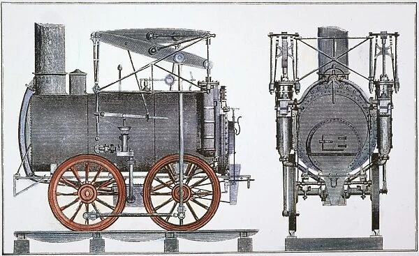 THE STOURBRIDGE LION, 1829. Schematic view of the Stourbridge Lion, the first commercial locomotive in North America, imported from England by the Delaware & Hudson Canal Company in 1829 for use in northeastern Pennsylvania. Line engraving, American, 1830