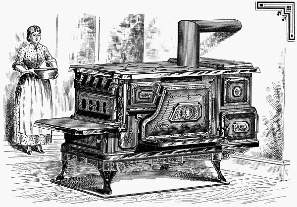 STOVE, 1875. American patent stove with hot water reservoir and warming oven, 1875