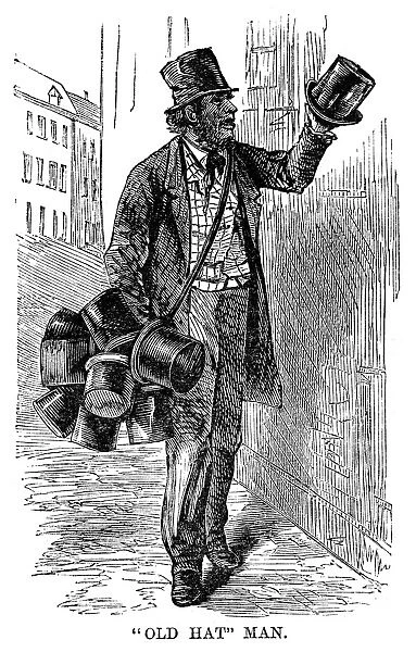 STREET PEDDLER, 1868. Old hat man. Engraving, 1868