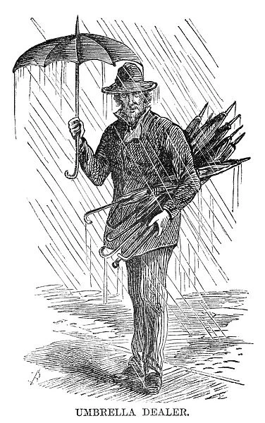 STREET PEDDLER, 1868. Umbrella dealer. Engraving, 1868