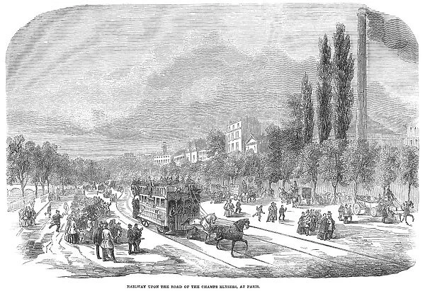 STREET RAILWAY, 1853. A horse-drawn car on the new street railway along the Champs-├ëlys