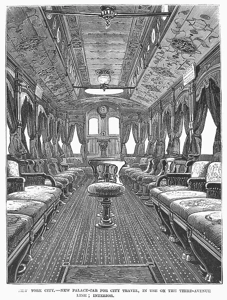 STREET RAILWAY CAR, 1871. Interior of the Pullman Companys Palace Car used on the Third Avenue line in New York City. Wood engraving, American, 1871