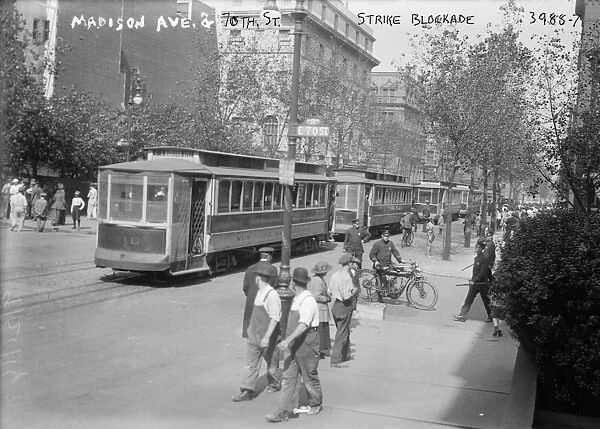 STREETCAR STRIKE, 1916. A blockade of streetcars on Madison Avenue and 70th Street