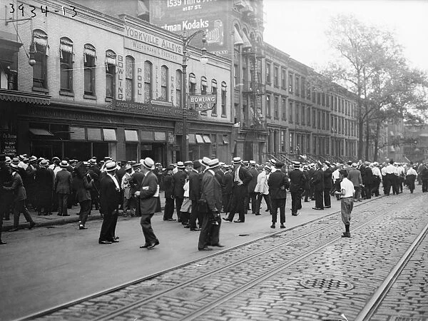 STREETCAR STRIKE, c1915. Striking streetcar workers in New York City. Photograph, c1915