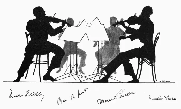 Framed Print : STRING QUARTET, c1935. The Gertler Quartet (from left, Andr Gertler, Pierre de Groote, Marcel Louon, and Laszlo Revesz). Pencil drawing, c1935, by Hilda Wiener Framed Print : STRING QUARTET, c1935. The Gertler Quartet (from left, Andr Gertler, Pierre de Groote, Marcel Louon, and Laszlo Revesz). Pencil drawing, c1935, by Hilda Wiener