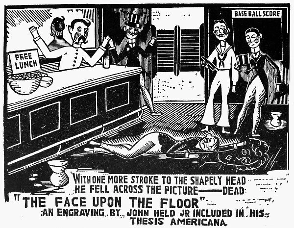 With one more stroke to the shapely head, He fell across the picture - Dead The face upon the floor. Illustration, c1925, by John Held, Jr. included in his Thesis Americana