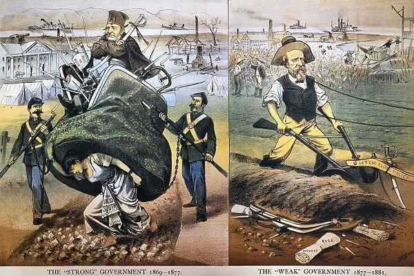 The Strong Government  /  The Weak Government. American cartoon, 1880, comparing the Reconstruction policies of President Ulysses S. Grant (left) and Rutherford B. Hayes