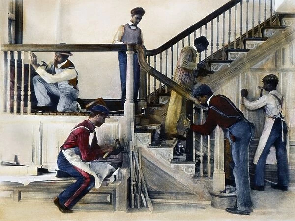 Students at work on the stairway in the residence of the treasurer of the Hampton Institute, Virginia: oil over a photograph, 1899, by Frances Benjamin Johnston