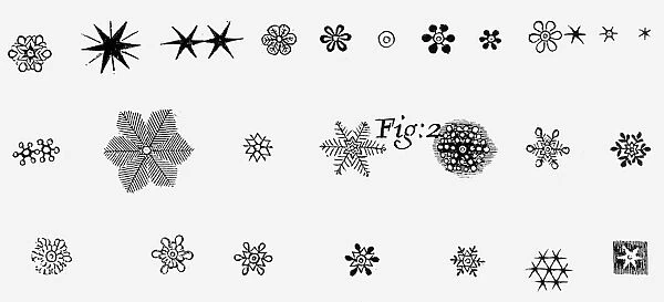 A study of snowflakes, each different from the other, by English scientist, Robert Hooke. Copper engraving from Hookes Micrographia, London, England, 1665