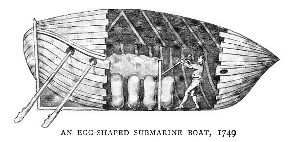 SUBMARINE, 1749. An egg-shaped submarine made in 1749. English illustration, 1899