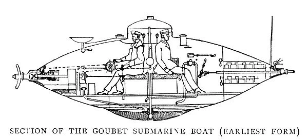 SUBMARINE, c1885. Submarine invented by Claude Goubet, c1885. Engraving, English, 1899