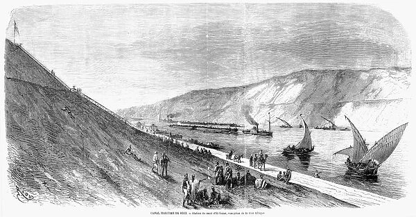 SUEZ CANAL, 1869. View from the African shore of the Suez Canal at El-Guisr. Wood engraving from a French newspaper of 1869