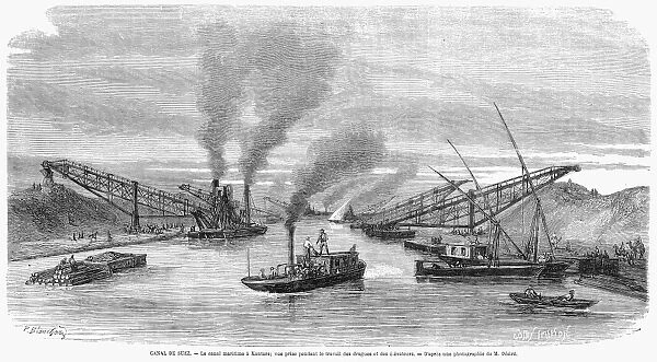 SUEZ CANAL: CONSTRUCTION. Dredging and removing soil to the shores of the Suez Canal at Kantara, Egypt. Wood engraving, French, 1869, after a photograph