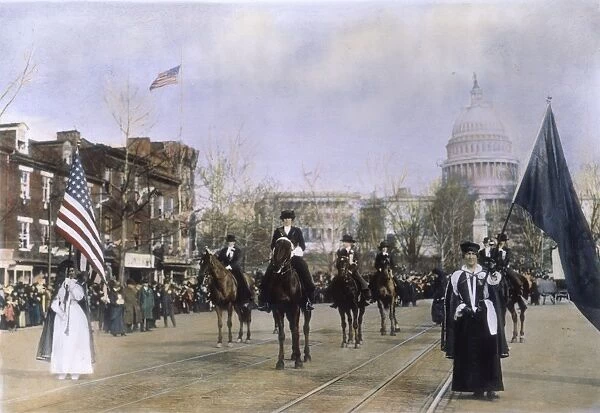 SUFFRAGE PARADE, 1913. Writer, socialite, and R. M. S. Titanic survivor Helen Churchill Hungerford Candee on horseback at the head of the womens suffrage parade at Washington, D. C. 3 March 1913. Oil over a photograph