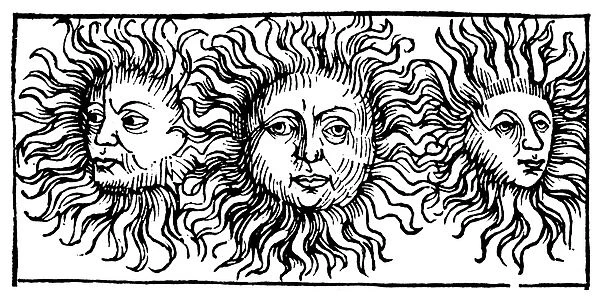 SUN FACES, DECORATIVE. Woodcut, German, 1493