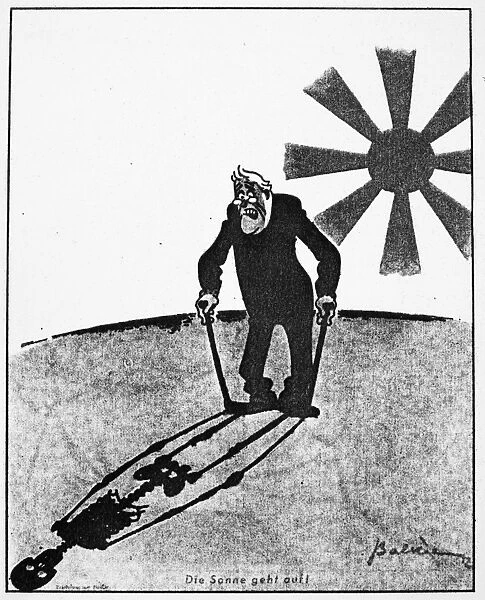 The Sun is Rising. Cartoon featuring Franklin Delano Roosevelt, shortly after the Japanese attack on Pearl Harbor, by Balkie, in Lustige Blatter, Berlin, Germany