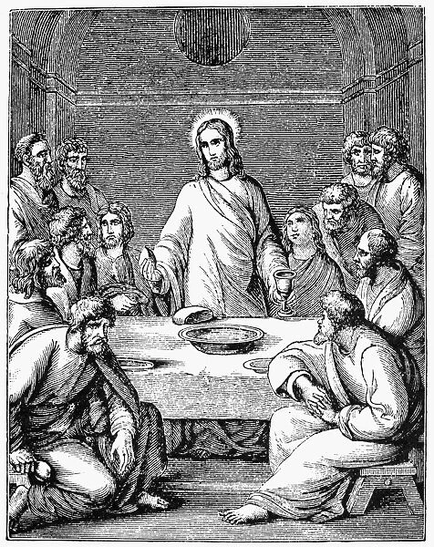 THE LAST SUPPER. Jesus and his disciples at the Last Supper (John 13). Wood engraving, American, 1884