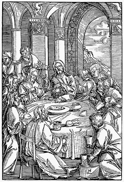 THE LAST SUPPER. Jesus and his disciples at the Last Supper (John 13). Woodcut