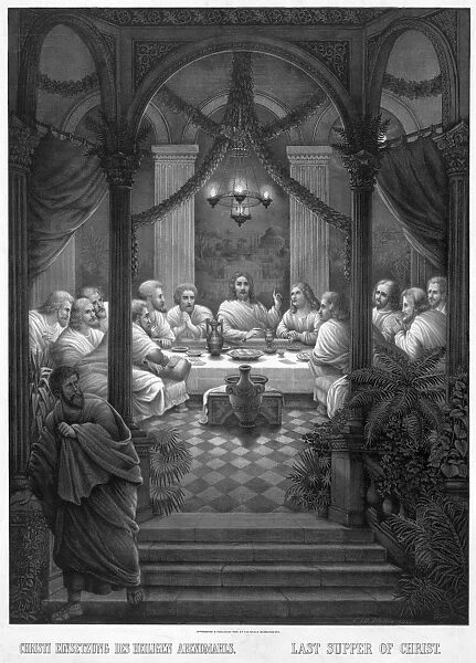 THE LAST SUPPER. Jesus and his disciples at the Last Supper. Line engraving, c1886