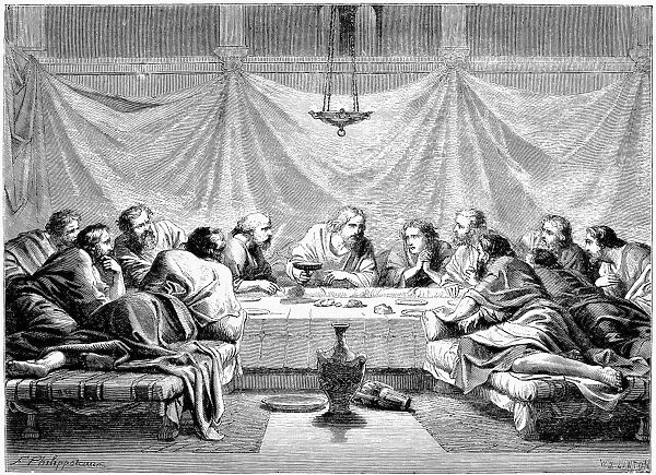 THE LAST SUPPER. Jesus and his disciples at the Last Supper. Wood engraving after a painting by Henri Felix Emmanuel Philippoteaux (1815-1884)