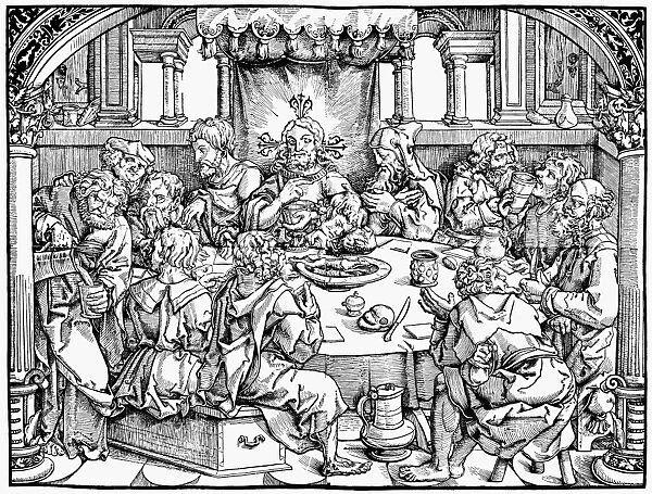 THE LAST SUPPER. Jesus and his disciples at the Last Supper. Woodcut, German, c1526