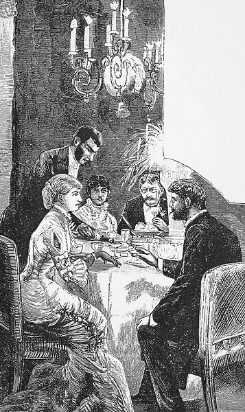 Supper after the opera. Wood engraving, late 19th century