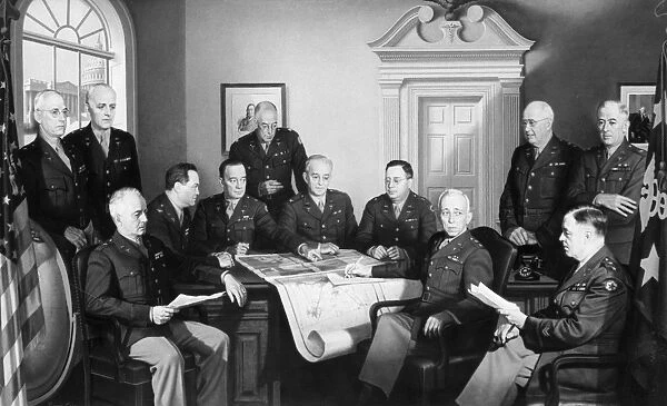 Surgeon General of the U. S. Army, 1943-47. Kirk (2nd from left, seated) meeting with his medical staff. Painting by Francis Criss, c1944