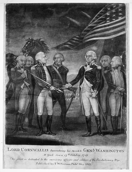 The surrender of British General Charles Cornwallis to General George Washington at Yorktown, Virginia, ending the fighting in the American Revolution, 19 October 1781. Engraving, American, 1812