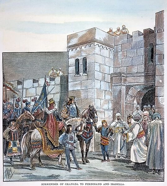SURRENDER OF GRANADA. In 1492 to King Ferdinand and Queen Isabella of Castile. Engraving, 19th century