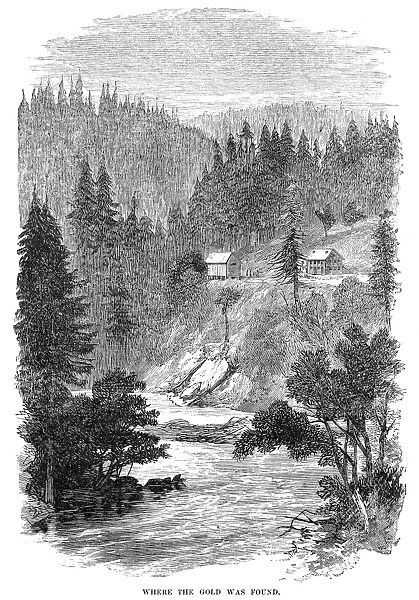 SUTTERs MILL, 1848. John A. Sutters sawmill at Coloma, California, where James W. Marshall discovered gold on 24 January 1848. Wood engraving, 19th century