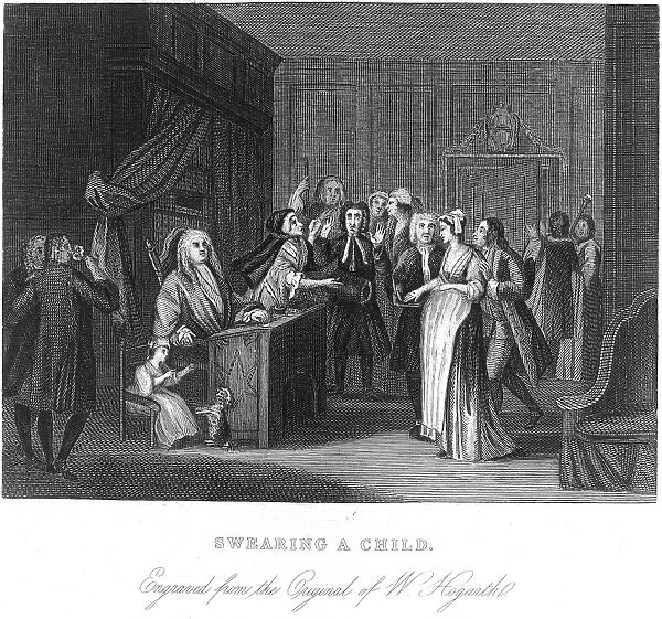SWEARING A CHILD, 1730-35. An unmarried pregnant woman swearing the identity of the father, so that he will have to assume the financial responsibility for the child. Engraving by Hogarth, 1730-35