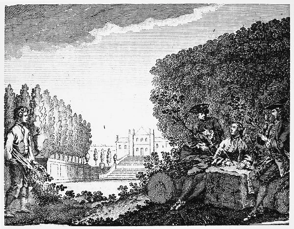 Swedish physician and botanist. Linnaeus classifying plants in his garden brought to him by his assistants. Copper engraving, English, 18th century