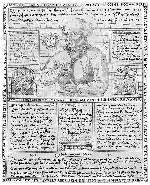Swiss alchemist and physician. Memorialized on a German broadside, c1550, with a portrait etching by Balthazar Jenichen. The word Azoth on the globular head of the sword is the alchemical name for mercury, symbolizing the universal remedy of Paracelsus