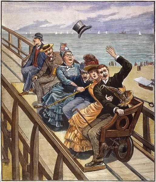 SWITCHBACK RAILWAY, 1886. The first roller coaster in the United States, located in Coney Island, offered one-minute rides for a nickel. Colored engraving, 1886