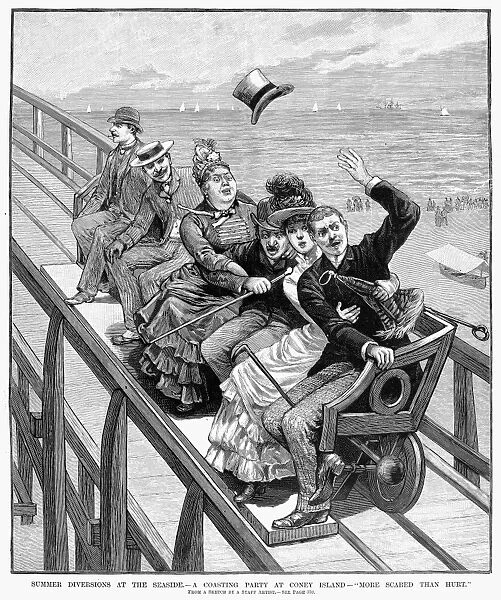 SWITCHBACK RAILWAY, 1886. The first roller coaster in the United States, located in Coney Island, offered one-minute rides for a nickel. Wood engraving, American, 1886