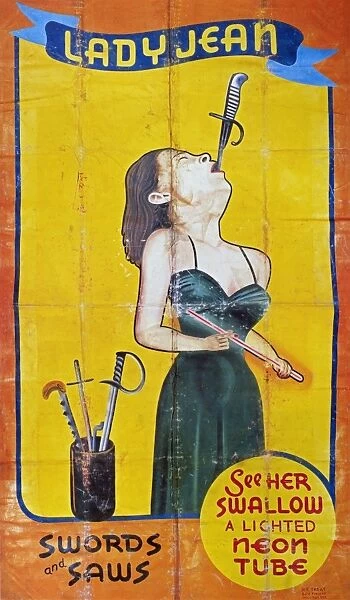 SWORD SWALLOWER, c1955. American sideshow poster featuring sword swallower Lady Jean, swallowing swords, saws and a neon tube c1955