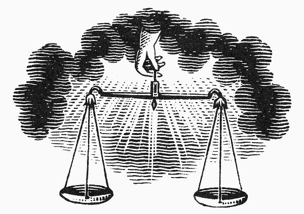 SYMBOL: JUDGEMENT. Heaven and scale, symbol of judgement. Line engraving
