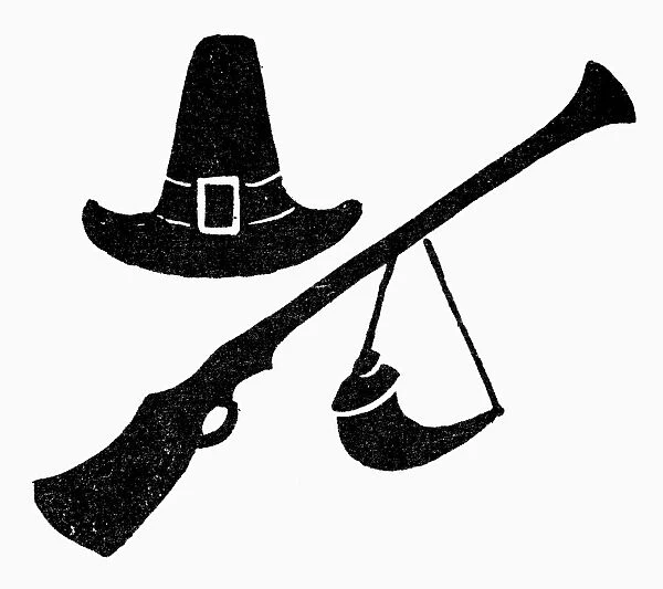 SYMBOL: THANKSGIVING. Hat, rifle, and powder horn, symbols of pilgrims and Thanksgiving