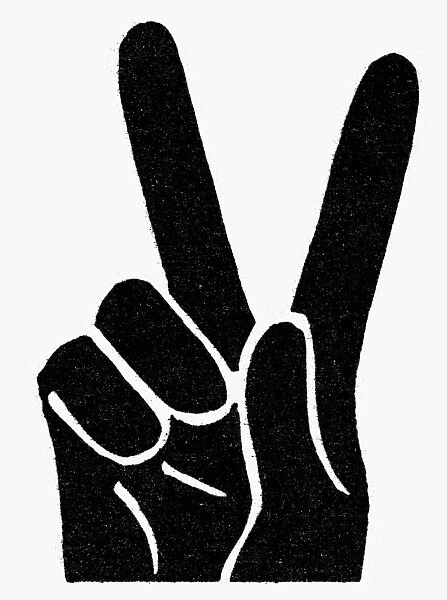 SYMBOL: VICTORY. V for Victory hand sign used by Winston Churchill. Woodcut