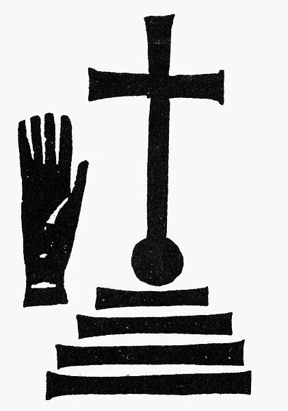 SYMBOLS: CROSS. A raised cross with a hand beside it. Woodcut derived from an old coin