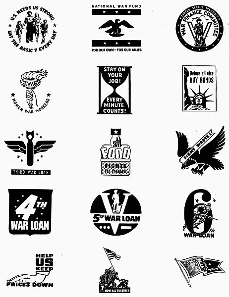 SYMBOLS: WORLD WAR II. American symbols for various organizations and war funds during World War II