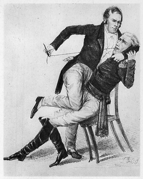 Symptoms of a Locked Jaw  /  Plain Sewing Done. American cartoon comment, c1834, on the passage by the U. S. Senate of Henry Clays resolution to censure President Andrew Jackson for his fight against the Bank of the United States