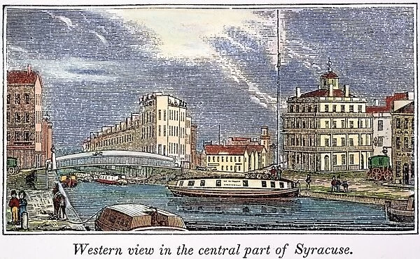SYRACUSE, NEW YORK, 1841. A branch of the Erie Canal in central Syracuse, New York: wood engraving, American, 1841