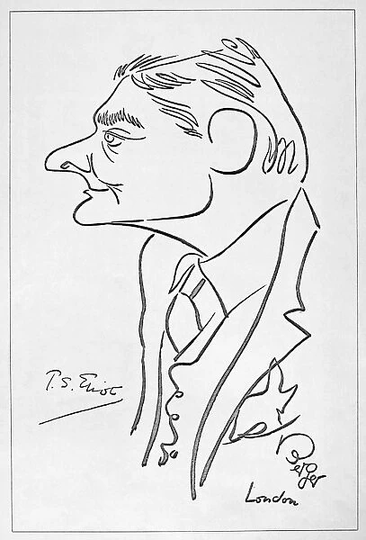 T. S. ELIOT (1888-1965). Thomas Stears Eliot. American (naturalized British) poet and critic. Caricature by Oscar Berger