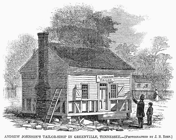 The tailor shop at Greenville, Tennessee, of which Andrew Johnson was proprietor before entering politics. American engraving, 1865