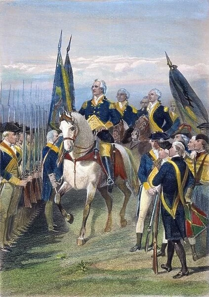 Taking command of the Continental Army at Cambridge, Massachusetts, July 3, 1775: steel engraving, American, 1858