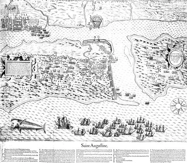 The taking of St. Augustine, Florida, by Sir Francis Drake on 7 June 1586. The earliest engraved view of a city within the present limits of the United States. Line engraving from Expeditio Francisci Draki eqvitis angli in Indias Occidentalis, 1588