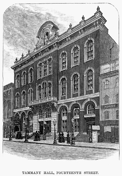 TAMMANY HALL, 1886. Tammany Hall when located on the north side of 14th Street between Irving Place and Third Avenue, from 1867 on. Wood engraving, 1886