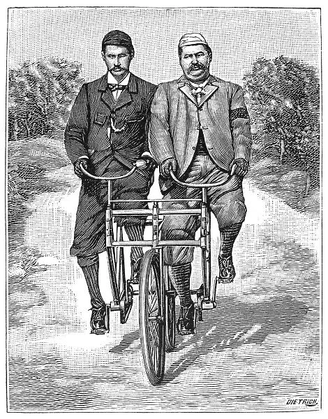 TANDEM BICYCLE, 1896. The sociable bicycle. Wood engraving, French, 1896