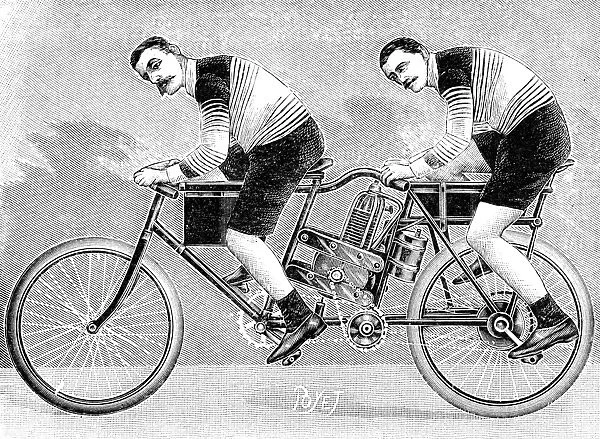 TANDEM MOTORCYCLE, 1899. A team of motorcycle racers on a tandem motorcycle. Wood engraving, French, 1899